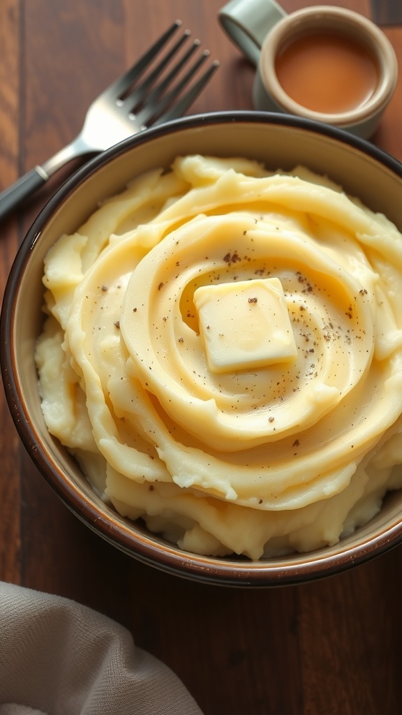 A bowl of fluffy mashed potatoes topped with butter and pepper, served with gravy on a rustic table.